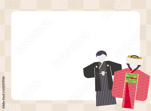 Wedding  Kimono costume Bride and groom. simple vector illustration beige background frame