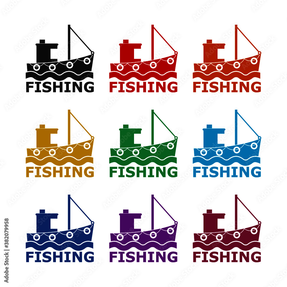 Obraz premium Simple fishing boat icon, color set