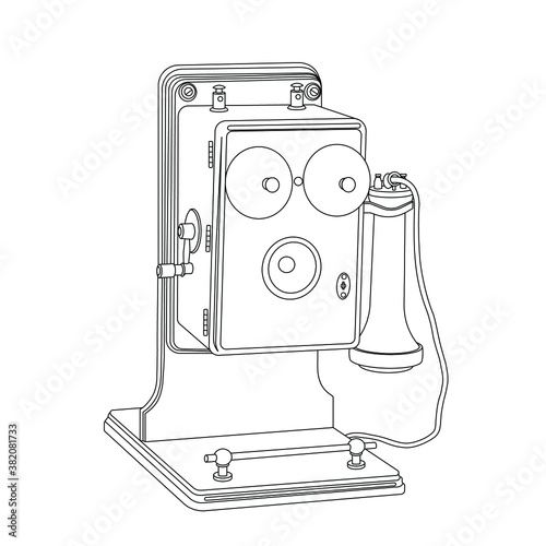 One of the first phones, a big one with a crank handle. Black and white outline.