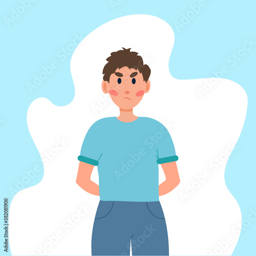 The concept guy on a blue and white background expresses indignation. A boy in a blue T-shirt and blue jeans hid his hands behind his back. The person's face is displeased.