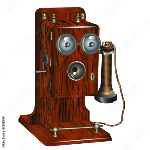 One of the first phones. Wooden with metal parts and a crank handle.