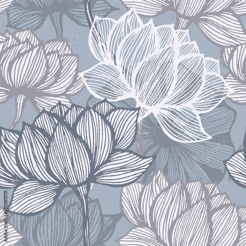Flower line art. Vector floral background. Blue and grey art deco flower seamless pattern.