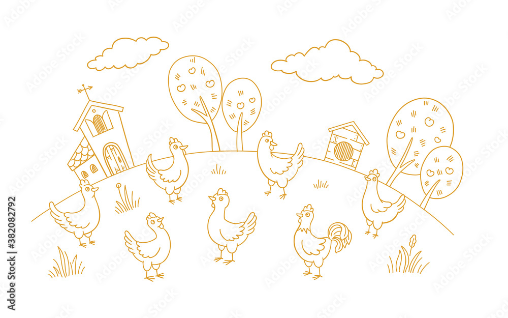 Poultry farm henhouse sketch. Free grazing. Chicken coop factory. Rustic barnyard. Village rural countryside landscape. Hand drawn contour vector line.