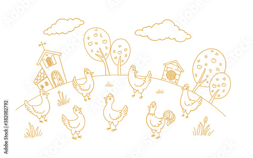 Poultry farm henhouse sketch. Free grazing. Chicken coop factory. Rustic barnyard. Village rural countryside landscape. Hand drawn contour vector line.