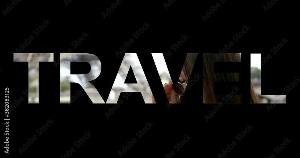 word travel at black background, asian woman with sunglasses in tropical forest at letters, inscription and title