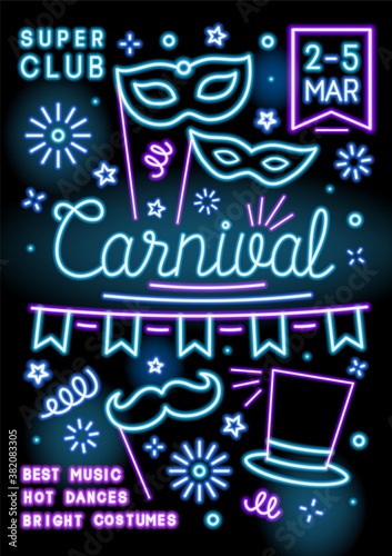 Promo poster of carnival party with place for text vector flat illustration. Bright advertising of masquerade holiday decorated with fireworks and masks. Invitation template with glowing neon lines