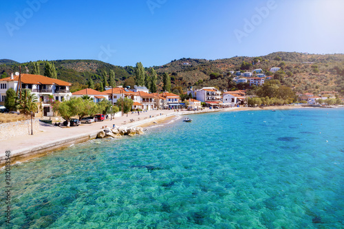 View to the beautiful village of Platanias at South Pelion Mountain, Greece, with turquoise sea along the marina