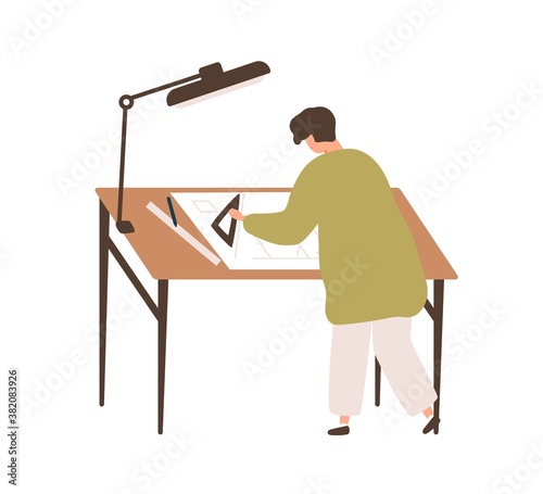 Male professional architect drawing construction plan at workplace vector flat illustration. Man depicting building project on paper scheme isolated. Engineer or designer making draft use equipment