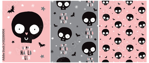 Cute Hand Drawn Halloween Vector Card and Seamless Patterns. Infantile Style Halloween Party Decoration. Funny Smiling Skulls and Flying Bats isolated on a Pink and Gray Background.