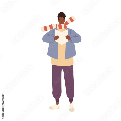 Funny modern dark skin guy performing Christmas hymn vector flat illustration. Cute male street singer reading text or notes of Xmas song isolated. Man in warm scarf at outdoor seasonal performance