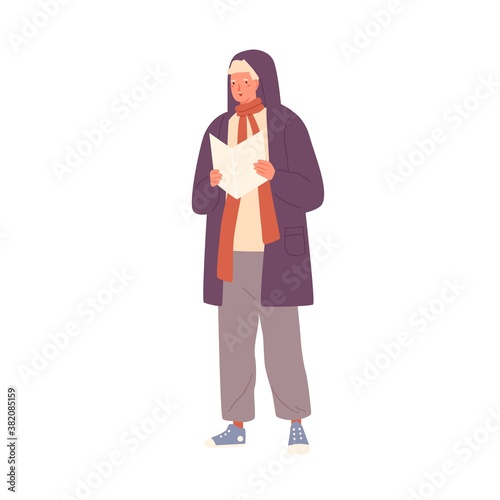 Man singing Xmas carols outdoor vector flat illustration. Funny guy holding paper with text or notes performing Christmas song or hymn isolated on white. Male street singer in warm winter outerwear