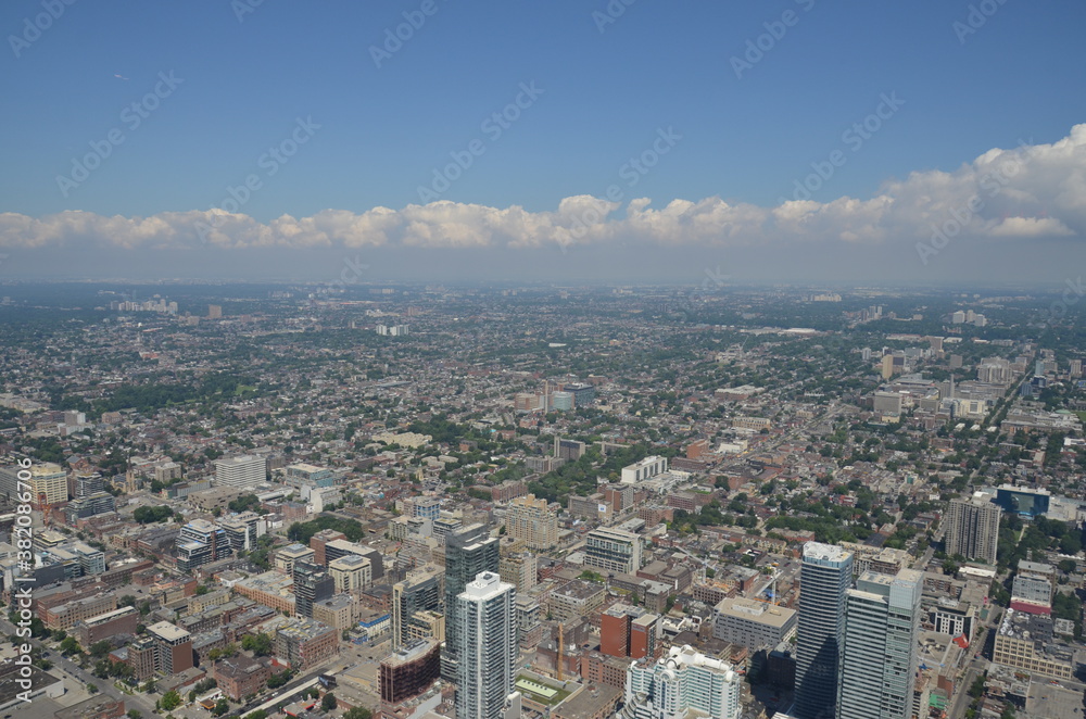 View over the city of Toronto with many skyscrapers in sunny weather