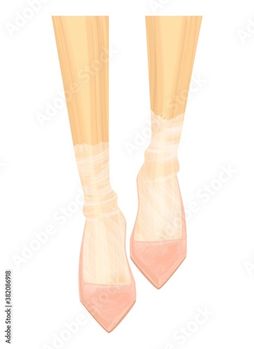 Women's legs in shoes. Graceful nylon socks. Patent leather pumps. Fashion illustration. Modern design. Cover of a fashion magazine. Isolated vector illustration.