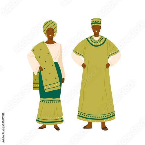 Nigerian couple in colorful traditional apparel vector flat illustration. Man and woman wearing national nigeria country costume isolated. People in folk outfit decorated with design elements