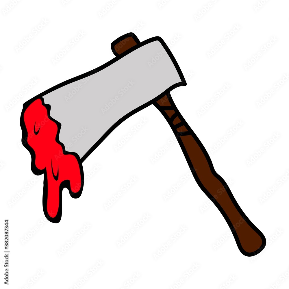Stylized cartoon art tool axe with blood on a white background. Stock