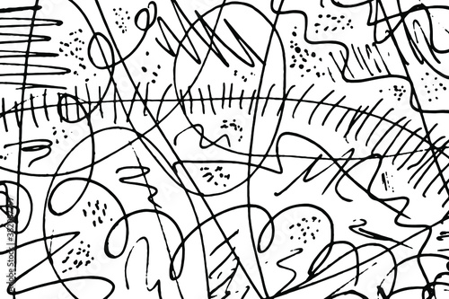 Chaotic random lines, scrawl, dots and spots. Monochrome background of hand-drawn doodles. Overlay template. Vector illustration
