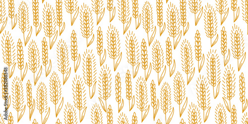 Cereal field seamless pattern background. Bread wrapper. Ears of rye or wheat. Agriculture grain straw. Orange color contour line vector.