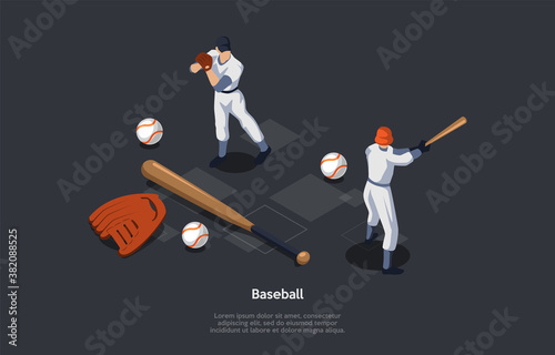 National Sport Of USA, Baseball Concept. Pitcher, Player On The Fielding Team Throwing A Ball Which A Player On The Oposing Batting Team Trying To Hit With A Bat. 3d Isometric Vector Illustration