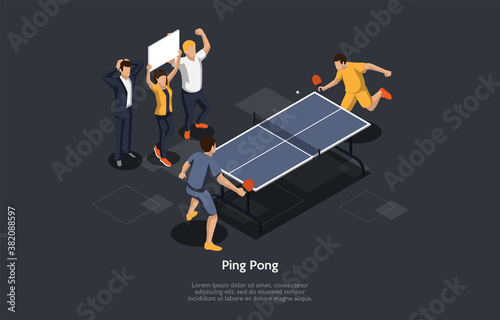 Sport, Table Tennis, Ping Pong, Whiff-Whaff Concept. Players Hit A Lightweight Ping-pong Ball Back And Forth Across Table Devided By A Net Using Small Rackets. Simple 3d Isometric Vector Illustration