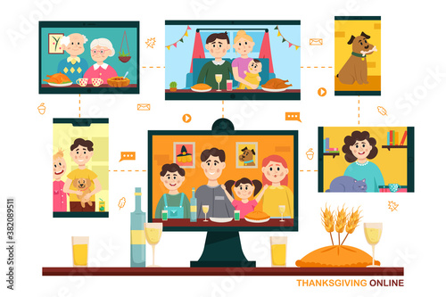 Thanksgiving online. People using video conference service for collective holiday virtual celebration, dinner online with family from home. New normal Thanksgiving celebrate. Vector illustration.