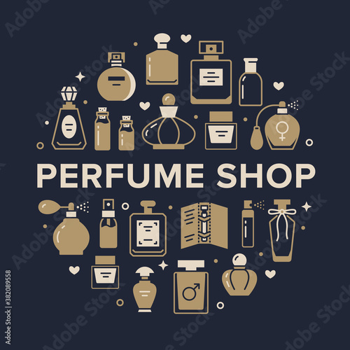 Perfume bottles frame poster with silhouette icons. Vector illustration - glass sprayer, luxury parfum sampler, essential oil, cologne glyph pictogram for cosmetic store flyer, sale brochure