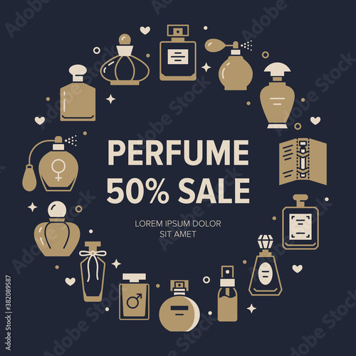 Perfume bottles frame poster with silhouette icons. Vector illustration - glass sprayer, luxury parfum sampler, essential oil, cologne glyph pictogram for cosmetic store flyer, sale brochure