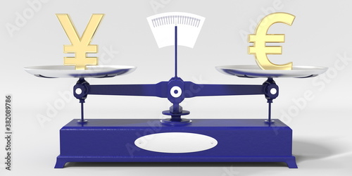 Yen symbol weighs the same as Euro sign on balance scales. Financial market conceptual 3d rendering