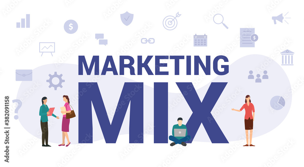 marketing mix concept with modern big text or word and people with icon related modern flat style