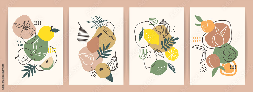 Collection of contemporary art prints. Abstract fruits. Apples, pears, apricots and lemons.