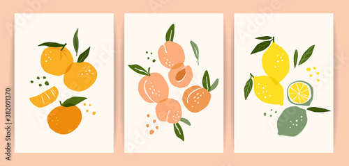 Collection of contemporary art prints. Abstract fruits. Oranges, pears and lemons.