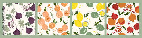 Set of vector seamless patterns with fruits. Trendy hand drawn textures. Modern abstract design