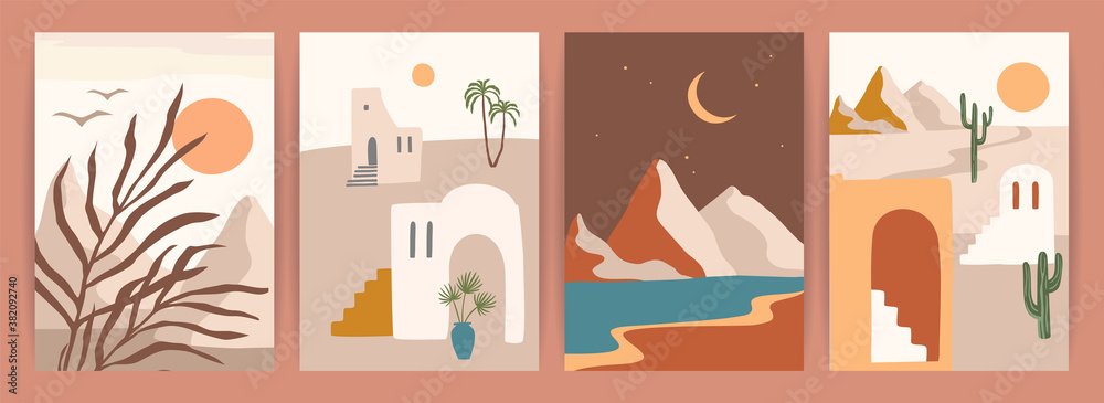 Collection of contemporary art prints with southern landscape. Mediterranean, North Africa. Modern vector design Collection of contemporary art prints with southern landscape. Mediterranean, North Africa. Modern vector design