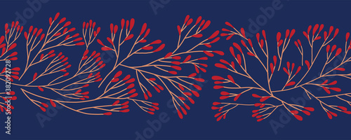 Xmas floral decoration. Christmas tree border with fir branches ornament for seamless pattern for panoramic banner, flyer, poster, greeting card. Decorative repeating ribbon for Winter holiday design.