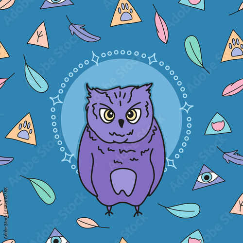 cute cartoon sleepy owl on magic blue background seamless pattern, hand drawn editable vector illustration