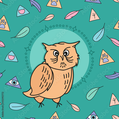 cute cartoon sleepy owl on magic green background seamless pattern, hand drawn editable vector illustration