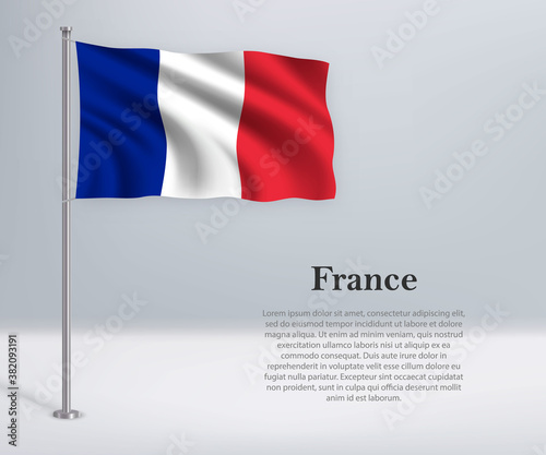 Waving flag of France on flagpole. Template for independence day