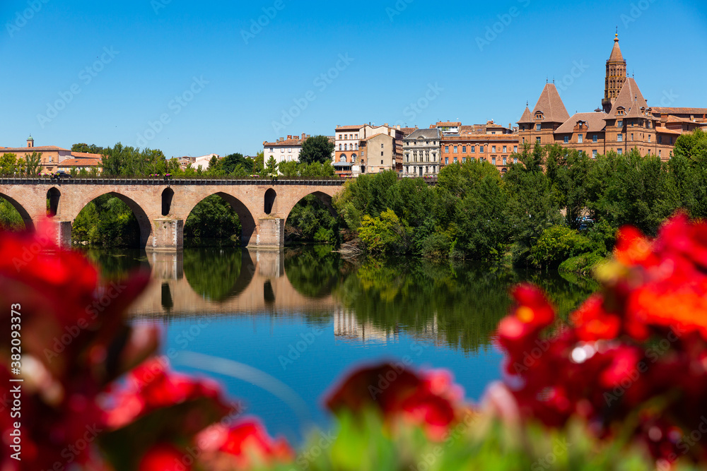 Medieval bridge over the Tarn river in Montauban city on sunny day. France