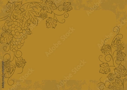 Grunge vintage gold vector template with grapevine linear pattern. Background with copy space with frame of grape stems with bunch of berries