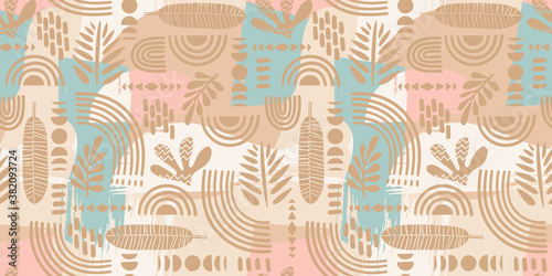 Artistic seamless pattern with abstract leaves and geometric shapes. © Nadia Grapes