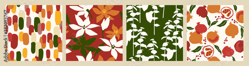 Abstract collection of seamless patterns with flowers, and leaves and pomegranates. Modern design for paper