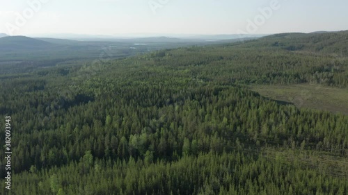 Swedish forest in aerial drone shot. Green woods and distant lakes. Hills in sweden nature photo