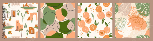 Tableau sur Toile Abstract collection of seamless patterns with apricots, landscape, leaves and geometric shapes
