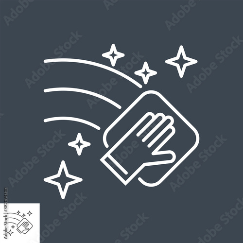 Cleaning related vector thin line icon. Hand with a napkin wipes the surface. Isolated on black background. Editable stroke. Vector illustration.