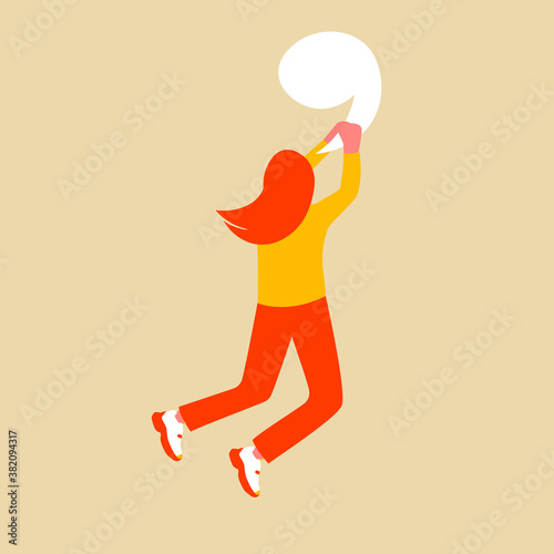 The girl is hanging on a large comma. Flat female character with giant punctuation mark. Vector illustration. Eps 10.
