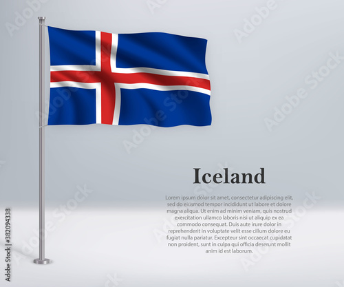 Waving flag of Iceland on flagpole. Template for independence day