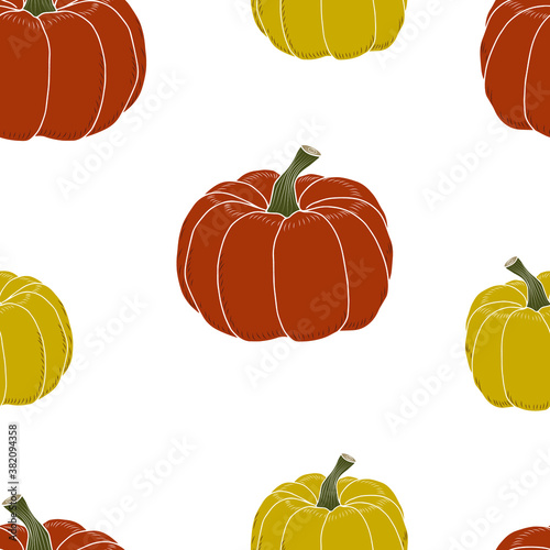 Orange and yellow pumpkins on a white background. Vector seamless pattern. 