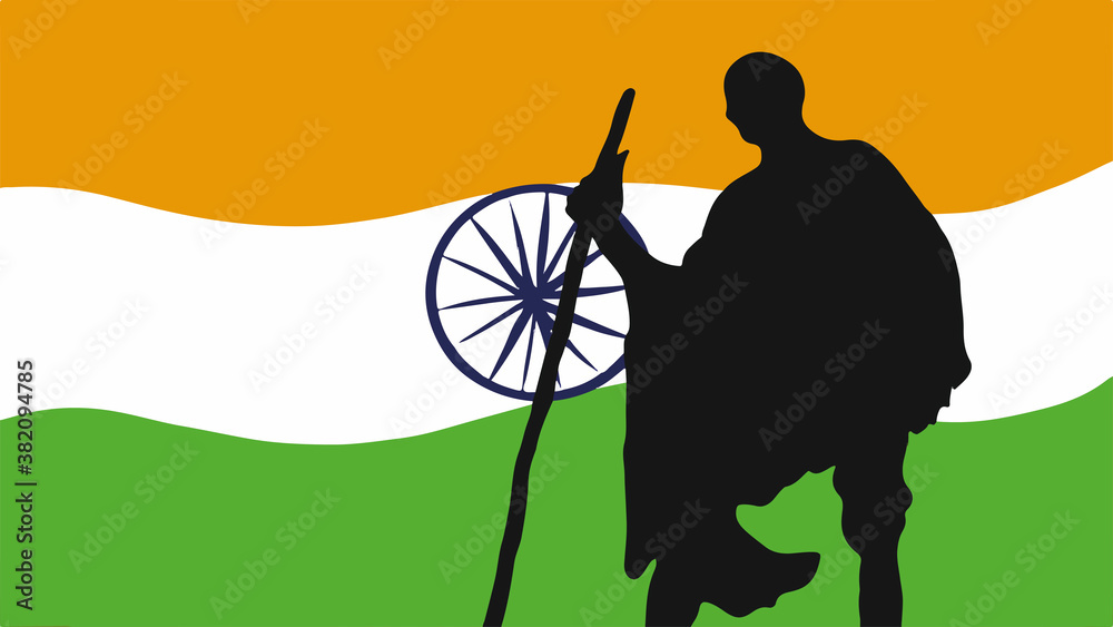 Gandhi Jayanti illustration with Indian National Flag background and the  silhouette of mahatma gandhiji for 2nd October Stock Illustration | Adobe  Stock