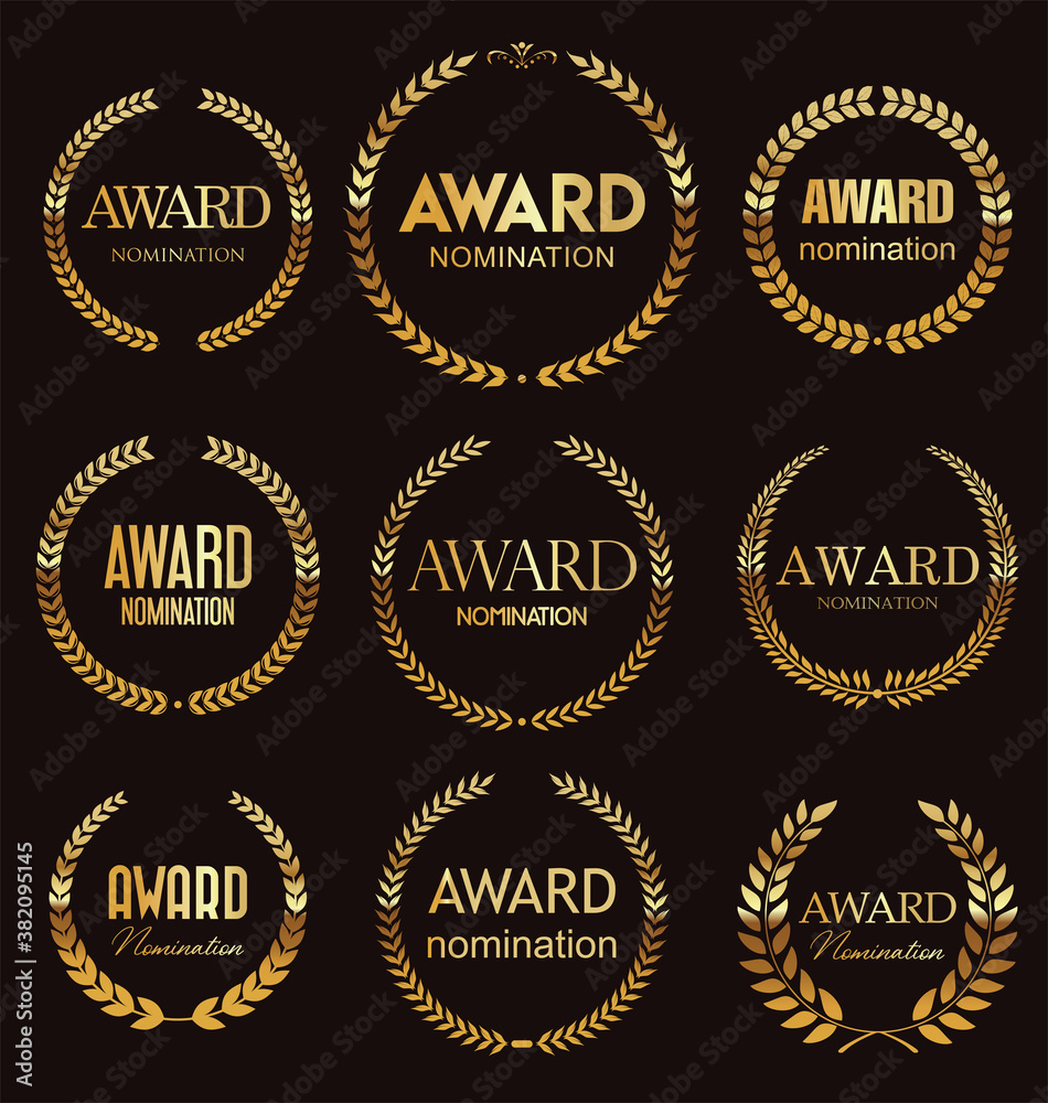 Golden award signs with laurel wreath isolated on black background