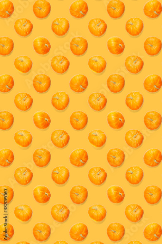 Fototapeta Naklejka Na Ścianę i Meble -  Autumn background made frem pumpkin. Background of orange miniature pumpkins. Thanksgiving or halloween background