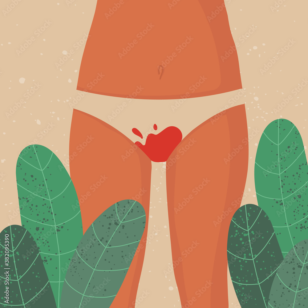 Menstrual period concept. Womens thighs with blood-stained panties.  Feminine hygiene. Menstrual protection. Stock illustration. For website and  article design, application and print. Stock Illustration